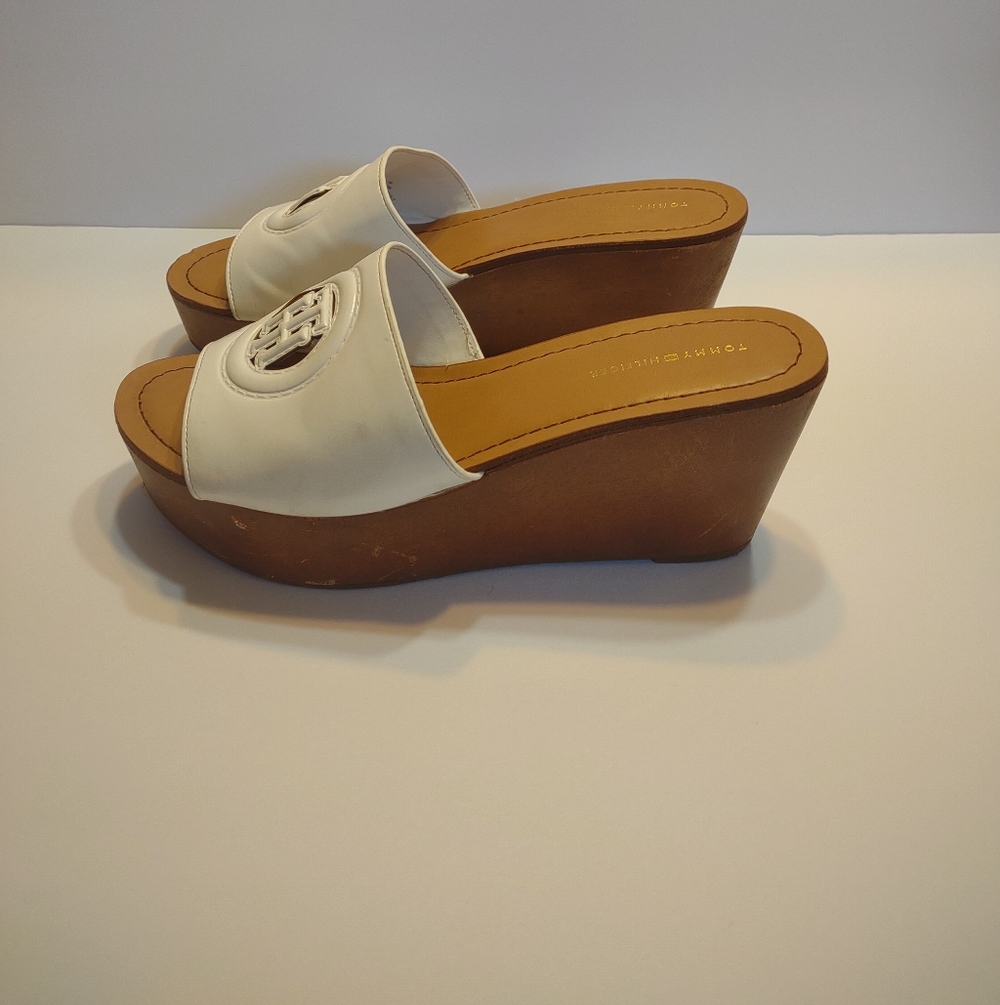 Tommy Hilfiger Wooden White Slide Wedge Sandals Sz 9